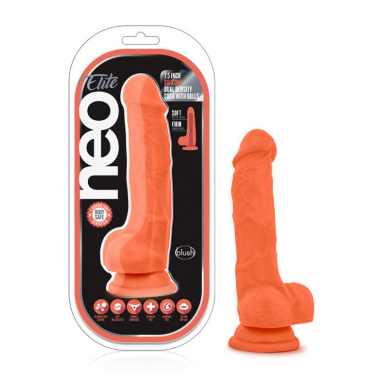 Neo Elite - 7.5 Inch Silicone Dual Density Cock With Balls - Neon Orange - Image 2