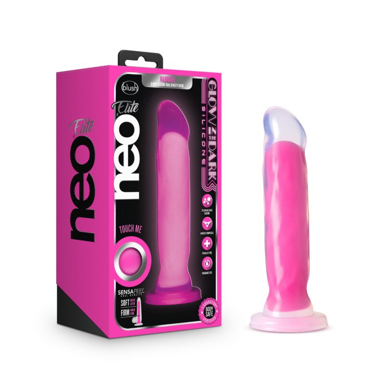 Neo Elite Glow in the Dark - Marquee - 8 Inch Silicone Dual Density Dildo - Neon Pink - Image 4