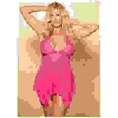 Stretch Lace and Stretch Mesh Baby Doll - Queen  Size - Hot Pink