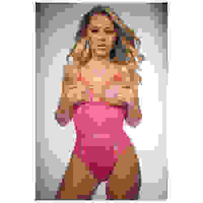 1 Pc Open Cups and Crotch Jacquard Lace Teddy - - One Size - Pink Crush