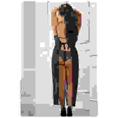 2 Pc Empire Waist Laced Sheer Long Dress and Panty - Queen - Midnight Navy