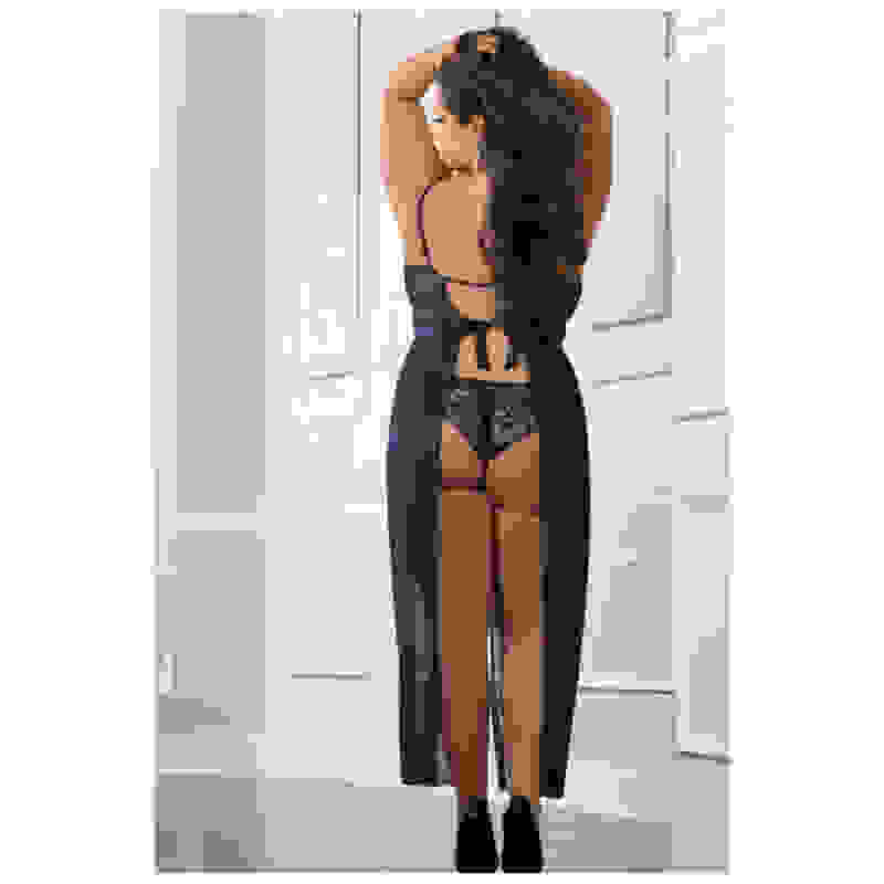 2 Pc Empire Waist Laced Sheer Long Dress and Panty - Queen - Midnight Navy