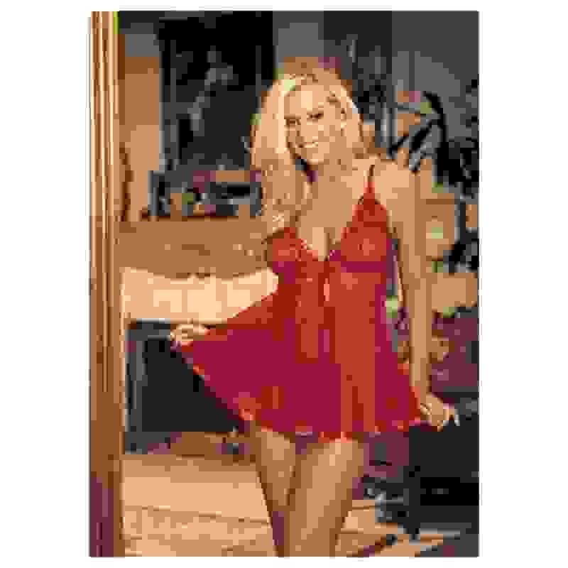 Sequin Embroidery and Sheer Net Baby Doll - One Size - Red