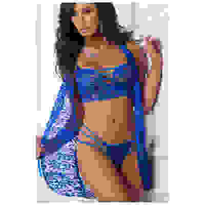 3pc Laced Lingerie Set and Cover-Up Slip - One Size - Blue Angel