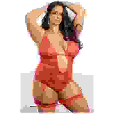 2 Pc Open Front O-Ring Garter Teddy and Garter -  Queen - Calypso Coral