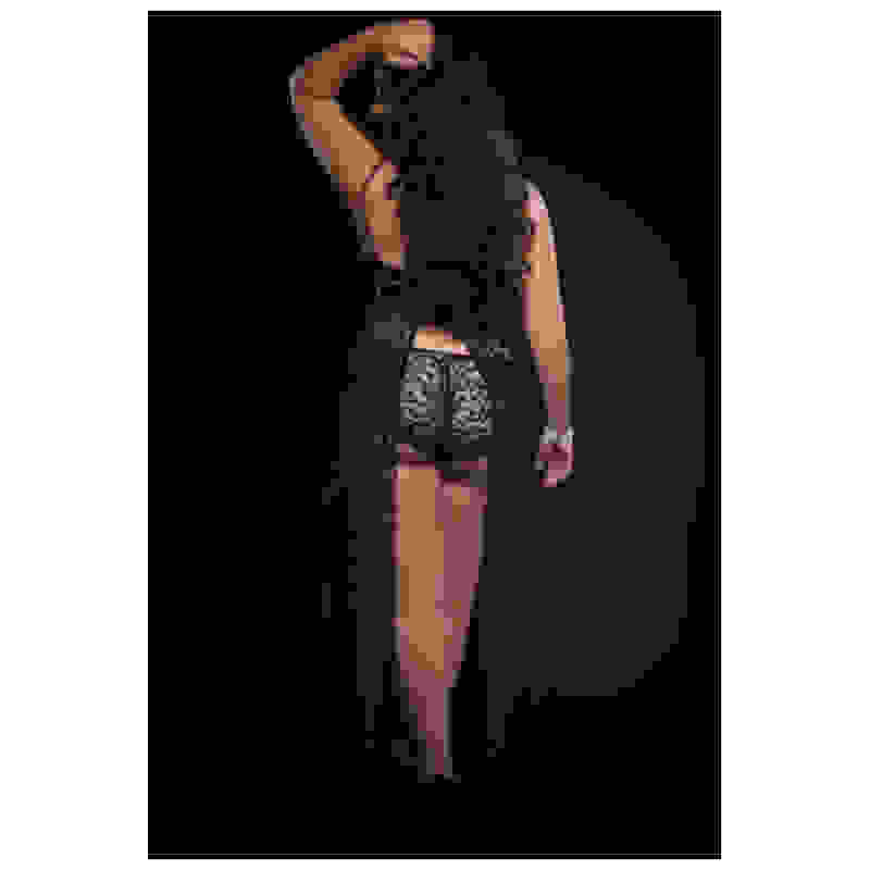 2pc Strappy Halter Laced Night Gown With Side Slits and Open Back - Queen Size - Black
