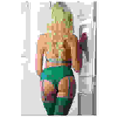 3pc High Waist Garter Laced Panty and Halter Top Set With Stockings - One Size - Ultramarine Green