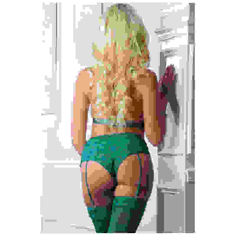 3pc High Waist Garter Laced Panty and Halter Top Set With Stockings - One Size - Ultramarine Green