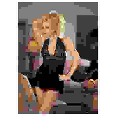 Stretch Mesh and Lace Baby Doll With Bow - One Size - Black & Red