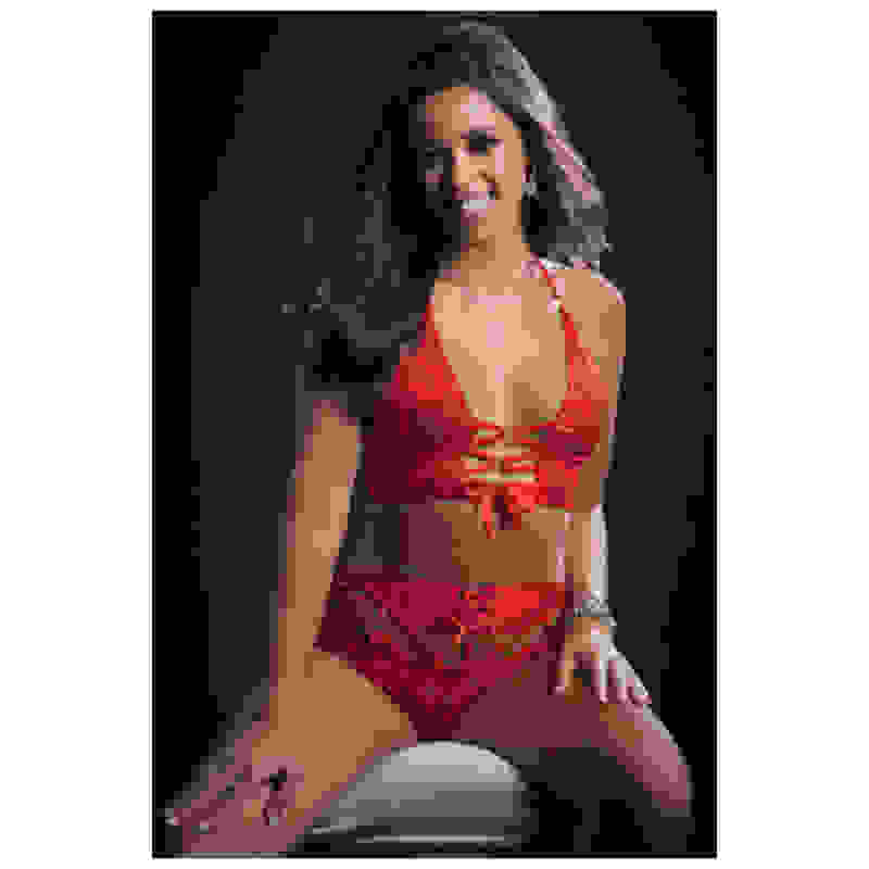 2pc O-Ring Boyshort Halter Top and Stockings -  One Size - Candy Red