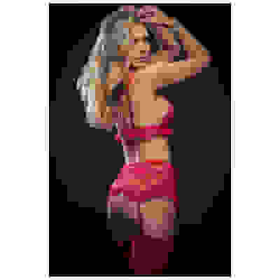 4 Pc Laced Garter Skirt With Lace Up Bra and Stockings - One Size - Red