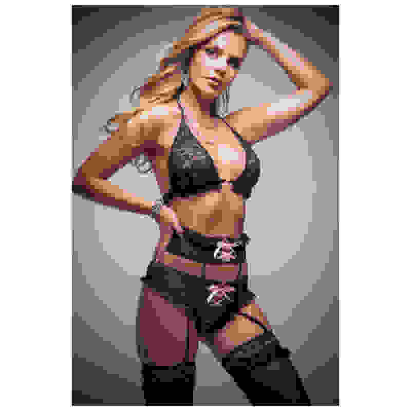 3 Pc Love Affair Laced Garter Lingerie Set and  Stockings - One Size - Black Pastel Pink