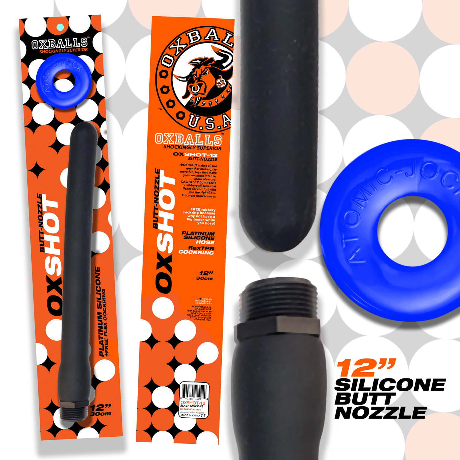 Oxshot - Butt-Nozzle Shower Hose 12 Inch - Black Blue