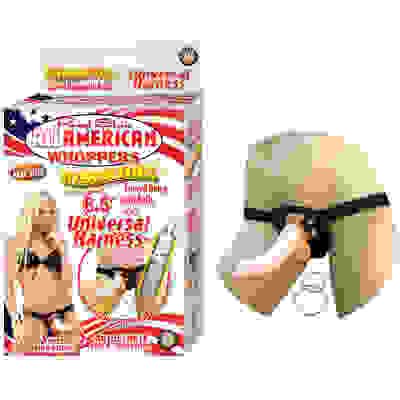 All American Whoppers Vibrating 6.5-Inch Dong With Universasl Harness - Flesh